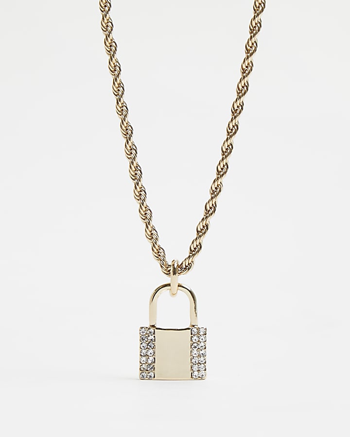 Gold colour diamante padlock pendant necklace