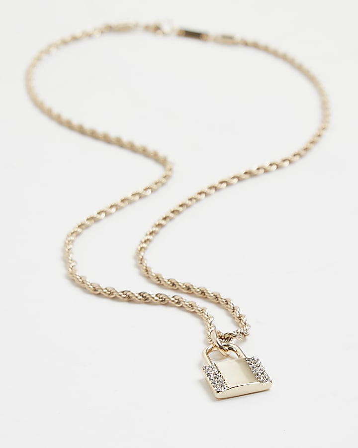 Gold colour diamante padlock pendant necklace