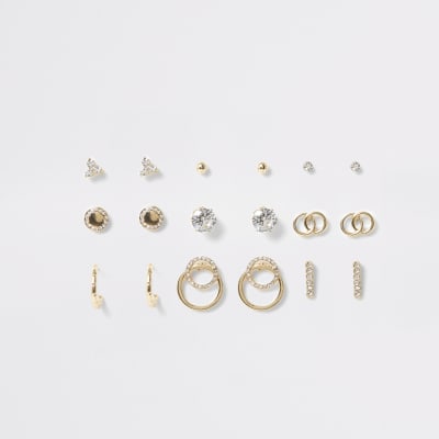 Gold colour diamante stud earring mutlipack