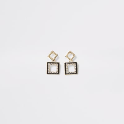 Gold colour embellished square drop earrings