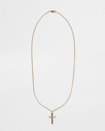 Gold colour embossed cross pendant necklace