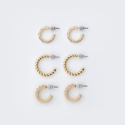 Gold colour engraved hoop earrings 3 pack
