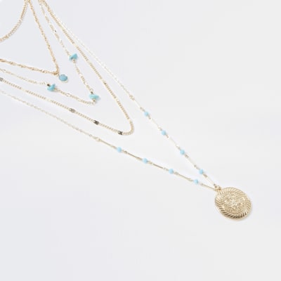 Gold colour engraved layered necklace