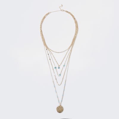 Gold colour engraved layered necklace
