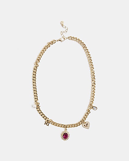 Gold colour Fuchsia Stone Charm Necklace