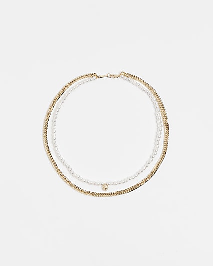 Gold colour Pearl And Chain Necklace