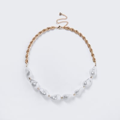 Gold colour pearl chain collar necklace | River Island