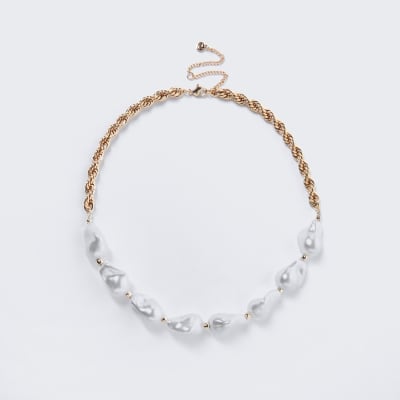Gold colour pearl chain collar necklace River Island