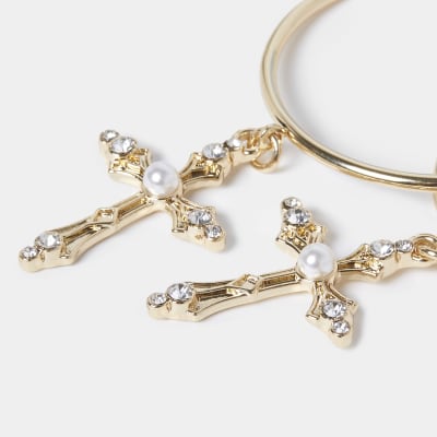 Gold colour pearl cross drop hoop earrings