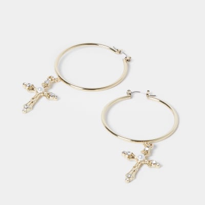 Gold colour pearl cross drop hoop earrings