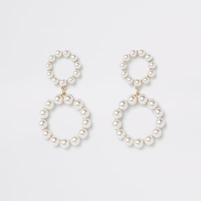 Gold colour pearl double ring drop earrings