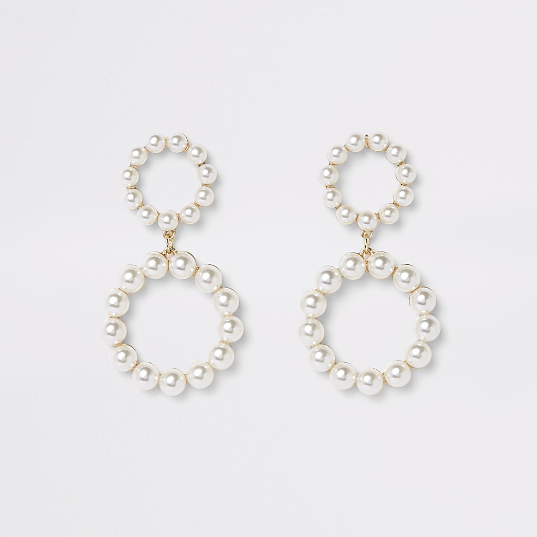 Gold colour pearl double ring drop earrings | River Island