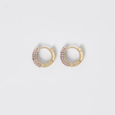 Gold colour pink diamante hoop earrings