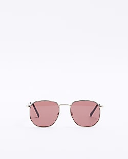 Gold colour pink lenses round sunglasses