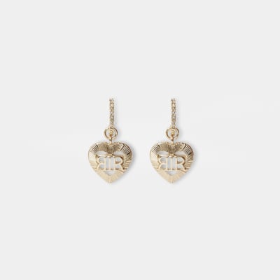 Gold colour RI heart drop hoop earrings