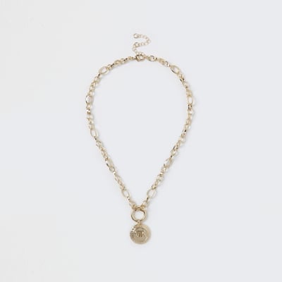 Gold colour 'RIR' coin charm chain necklace