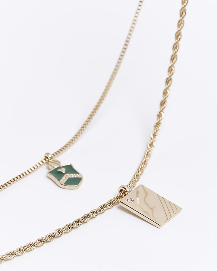 Gold colour shield and tag multirow necklace