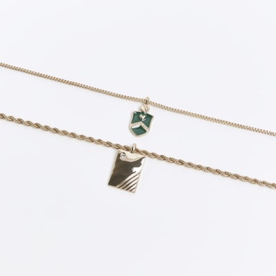Gold colour shield and tag multirow necklace