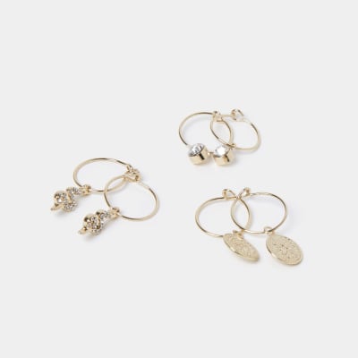Gold colour snake charm hoop earrings 3 pack