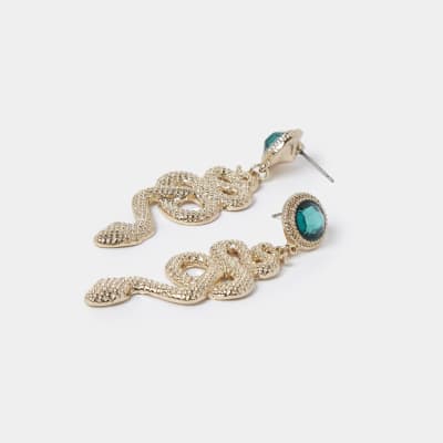 Gold colour snake green stone drop earrings