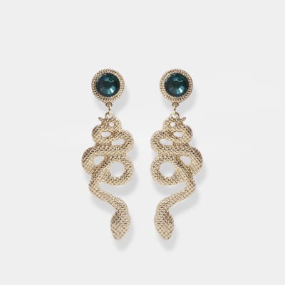 Gold colour snake green stone drop earrings