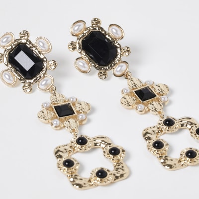 Gold colour statement stone drop earrings