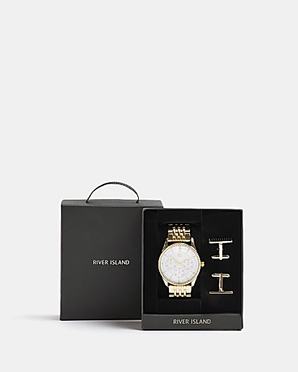 Gold colour watch and cufflinks with gift box