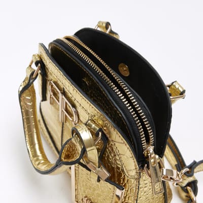 Gold croc embossed mini cross body bag River Island