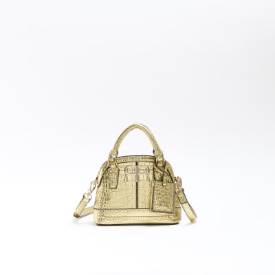 Gold croc embossed mini cross body bag River Island