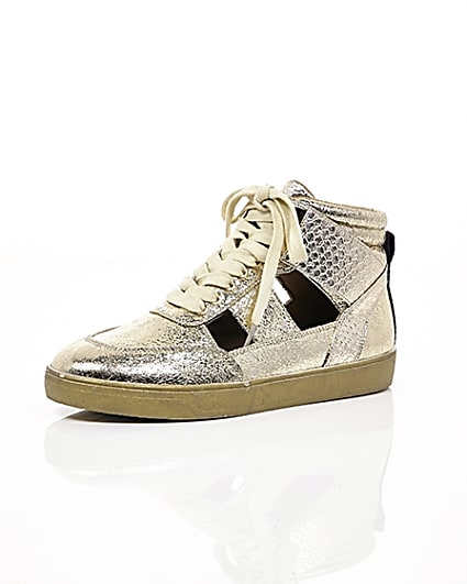 360 degree animation of product Gold cut out hi top trainers frame-0
