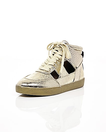 360 degree animation of product Gold cut out hi top trainers frame-1