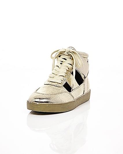 360 degree animation of product Gold cut out hi top trainers frame-2