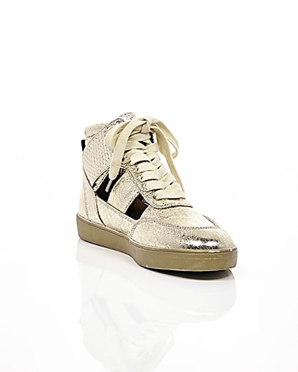360 degree animation of product Gold cut out hi top trainers frame-6