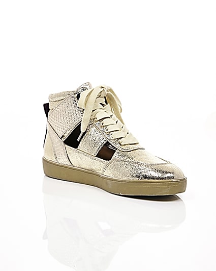360 degree animation of product Gold cut out hi top trainers frame-7