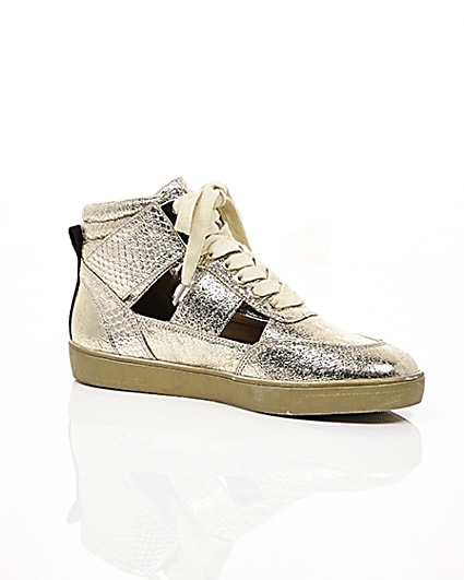 360 degree animation of product Gold cut out hi top trainers frame-8