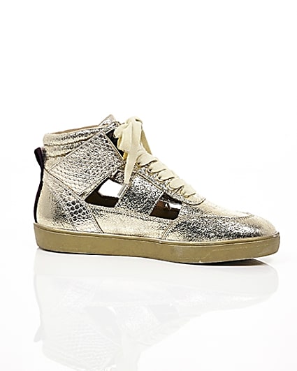 360 degree animation of product Gold cut out hi top trainers frame-9