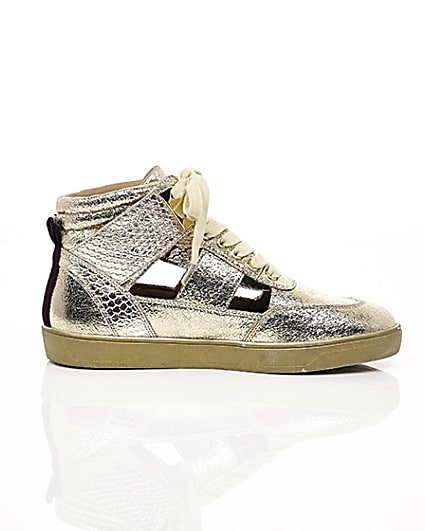 360 degree animation of product Gold cut out hi top trainers frame-10