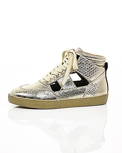 360 degree animation of product Gold cut out hi top trainers frame-23