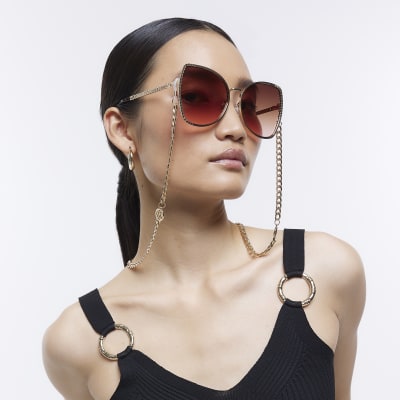Gold diamante cateye chain sunglasses