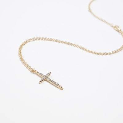 Gold Diamante Cross Necklace River Island