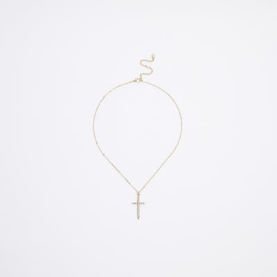 Gold Diamante Cross Necklace River Island