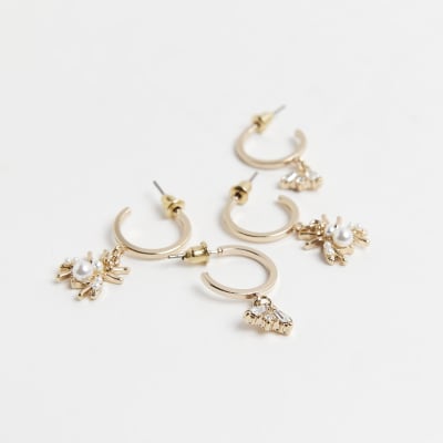 Gold diamante drop hoop earrings multipack