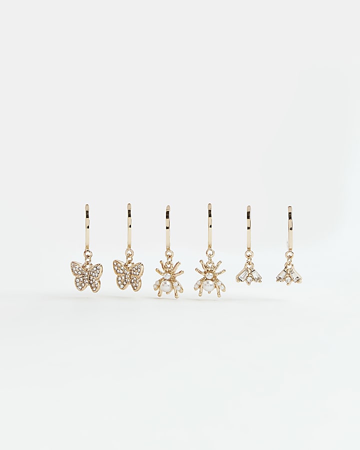 Gold diamante drop hoop earrings multipack
