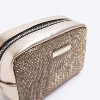 Gold diamante embellished makeup bag River Island