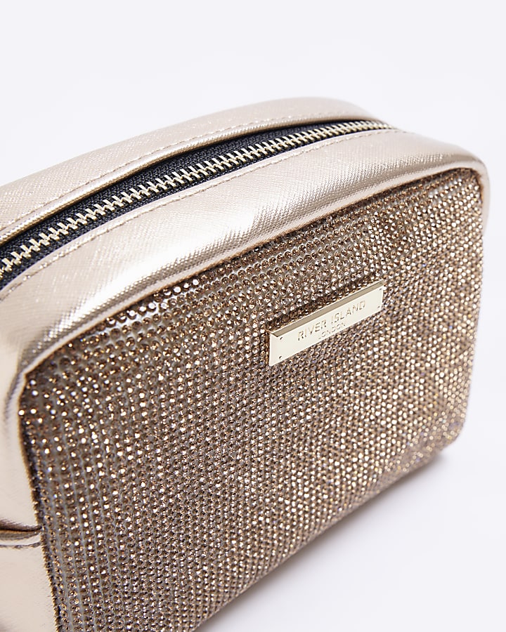 Gold diamante embellished makeup bag