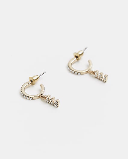 Gold diamante letter 'E' drop earrings