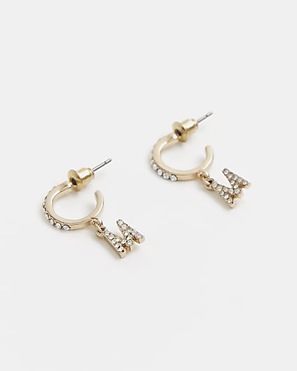 Gold diamante letter 'M' drop earrings