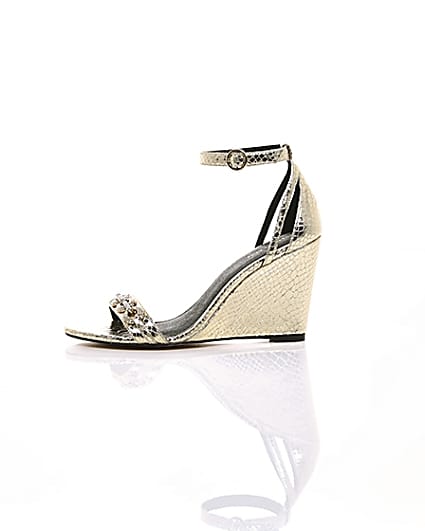 360 degree animation of product Gold diamante trim snake embossed wedges frame-22
