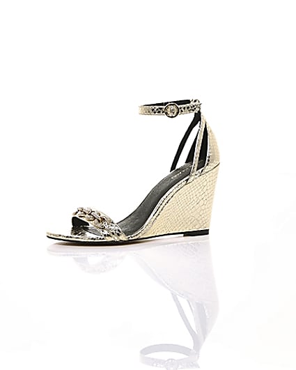360 degree animation of product Gold diamante trim snake embossed wedges frame-23