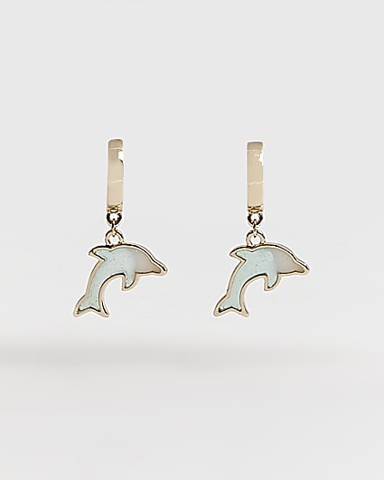 Gold dolphin drop hoop earrings